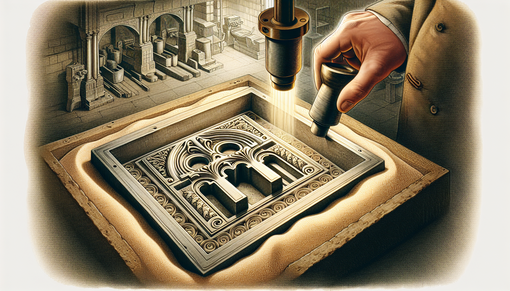 Illustration of a pattern shaping the sand mould cavity in sand casting