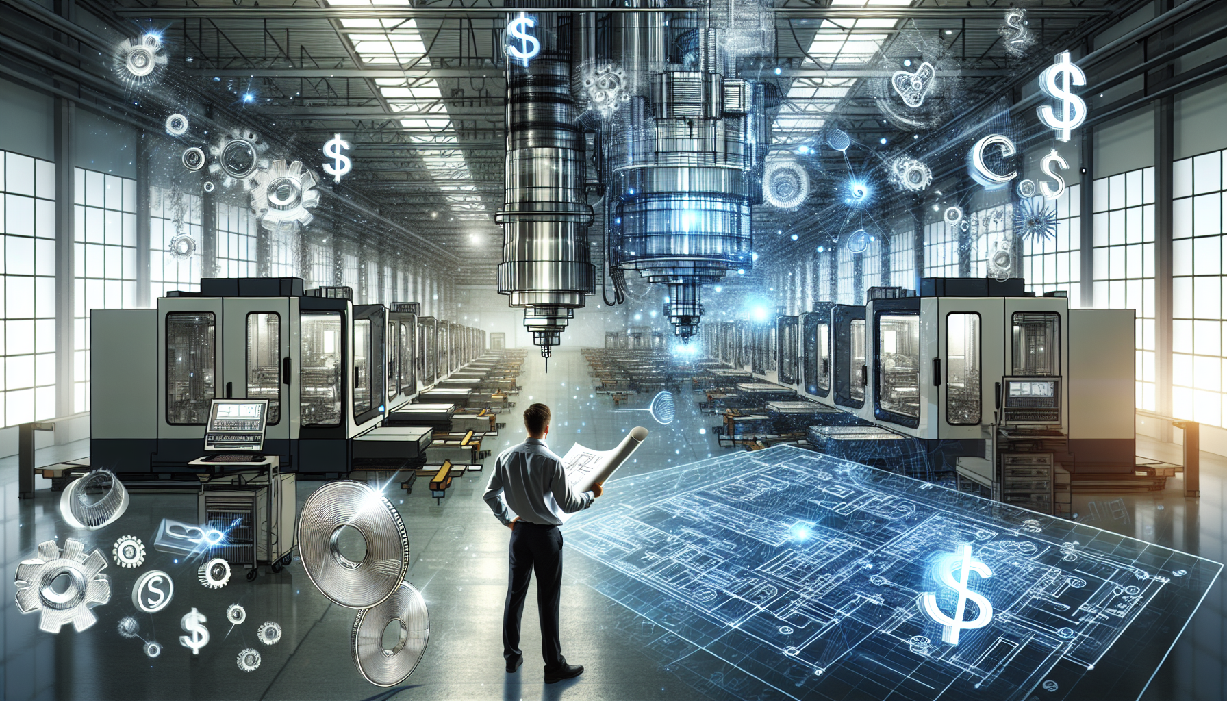 An illustration representing the disadvantages of CNC machining, focusing on high initial costs and skilled labor requirements.